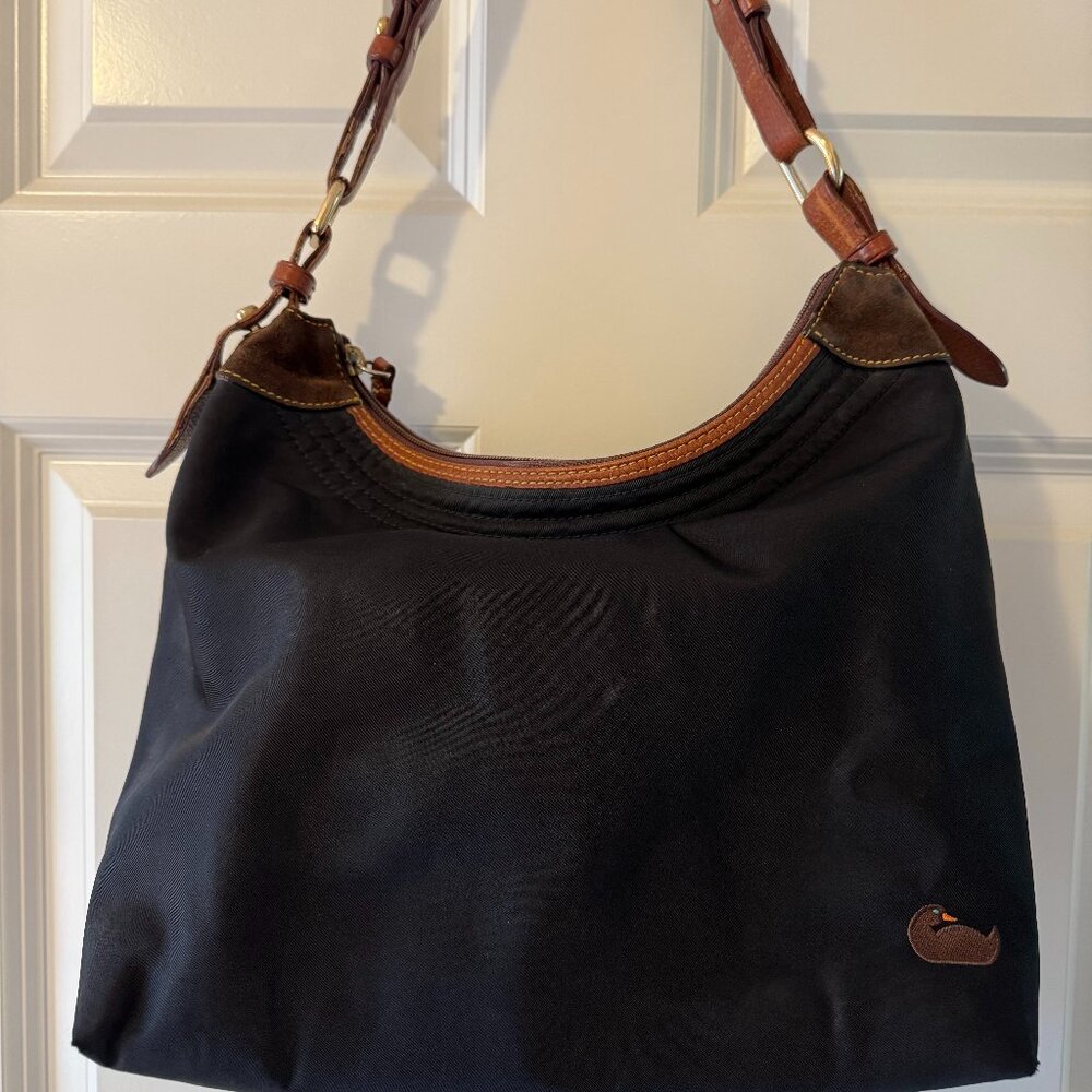 Dooney & Bourke Large Erica Hobo-Black Nylon, Pink Lining & Leather Trim
